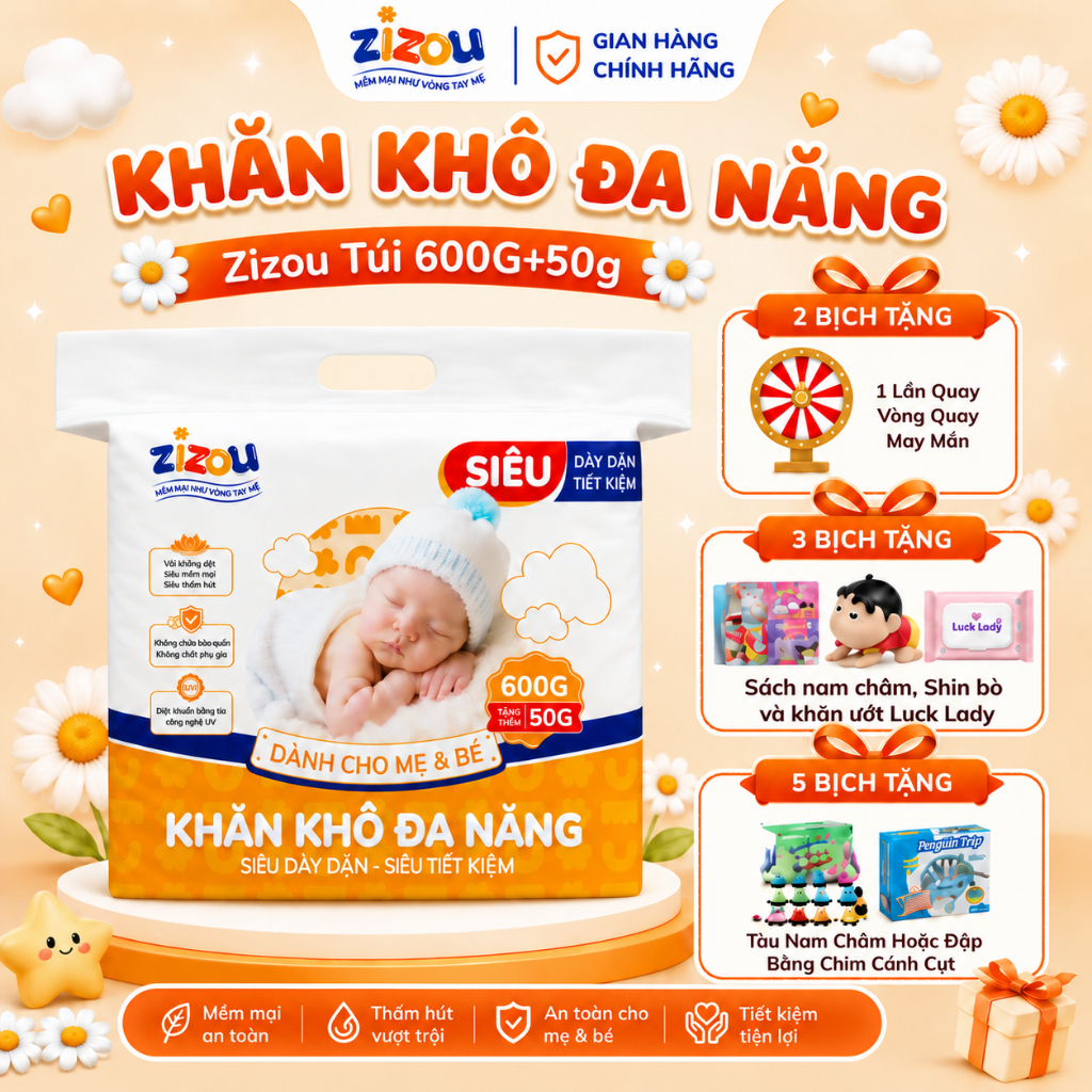 Khăn Khô Đa Năng Zizou Túi 950g(~640tờ) Vải Không Dệt Tiệt Trùng UV Mềm Mại, Dày Dặn, Không Hóa Chất, An Toàn Cho Mẹ Bé