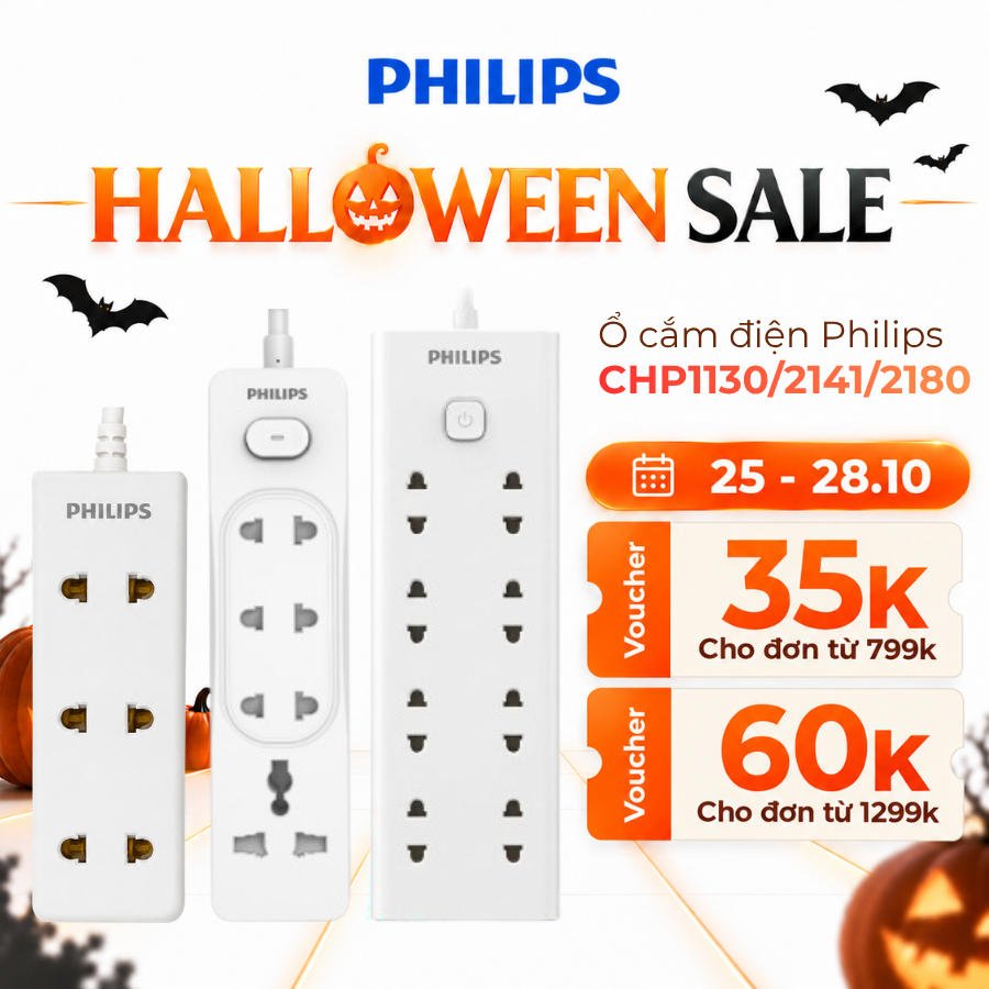 Ổ cắm điện Philips công suất 2500W, nhựa ABS cao cấp, chóng cháy, lỗ cắm chắc chắn, an toàn, chất lượng, dây dài 2-3m
