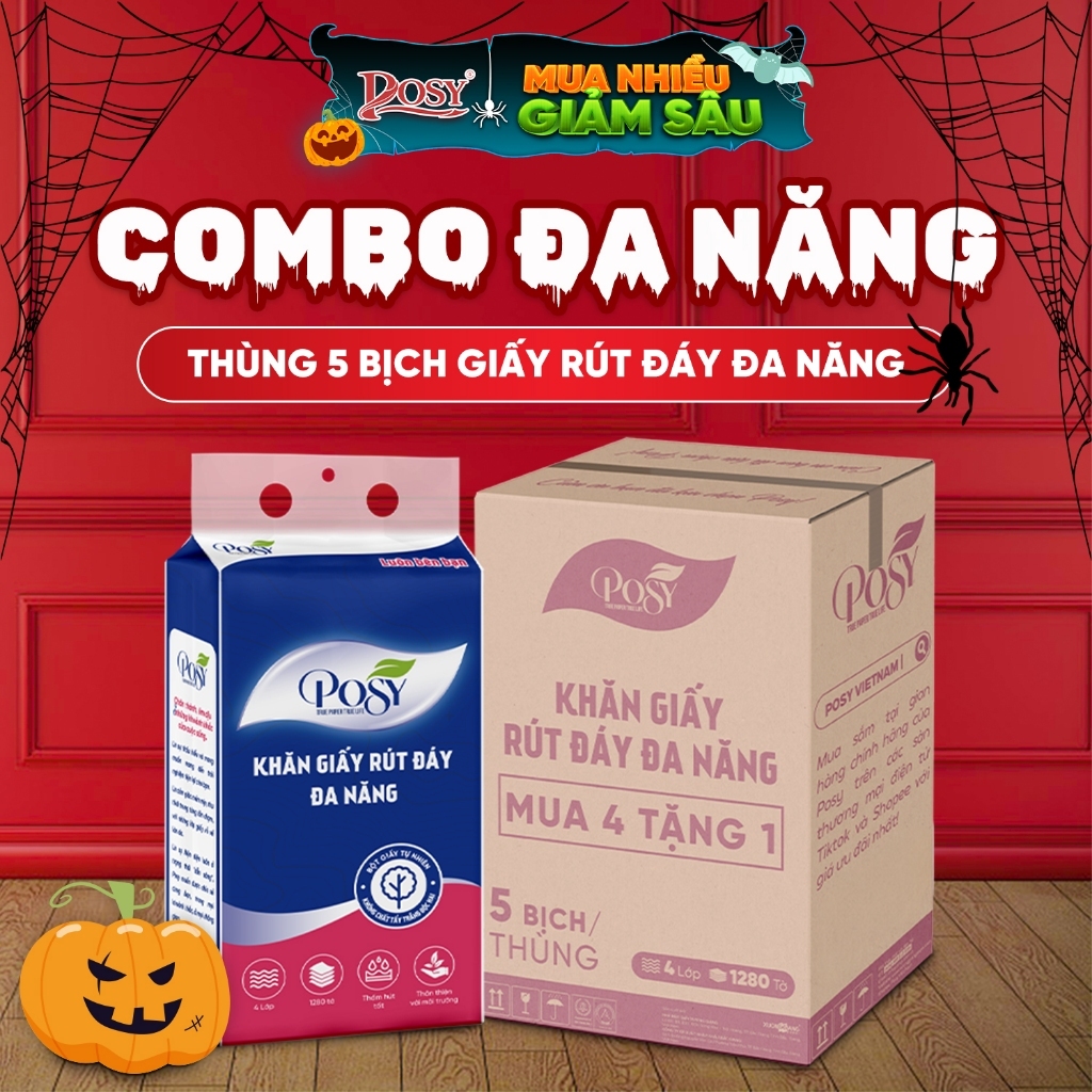 POSY - COMBO ĐA NĂNG THÙNG 5 BỊCH GIẤY RÚT POSY ĐA NĂNG 1280 TỜ 4 LỚP SIÊU TIẾT KIỆM TẶNG KÈM MÓC
