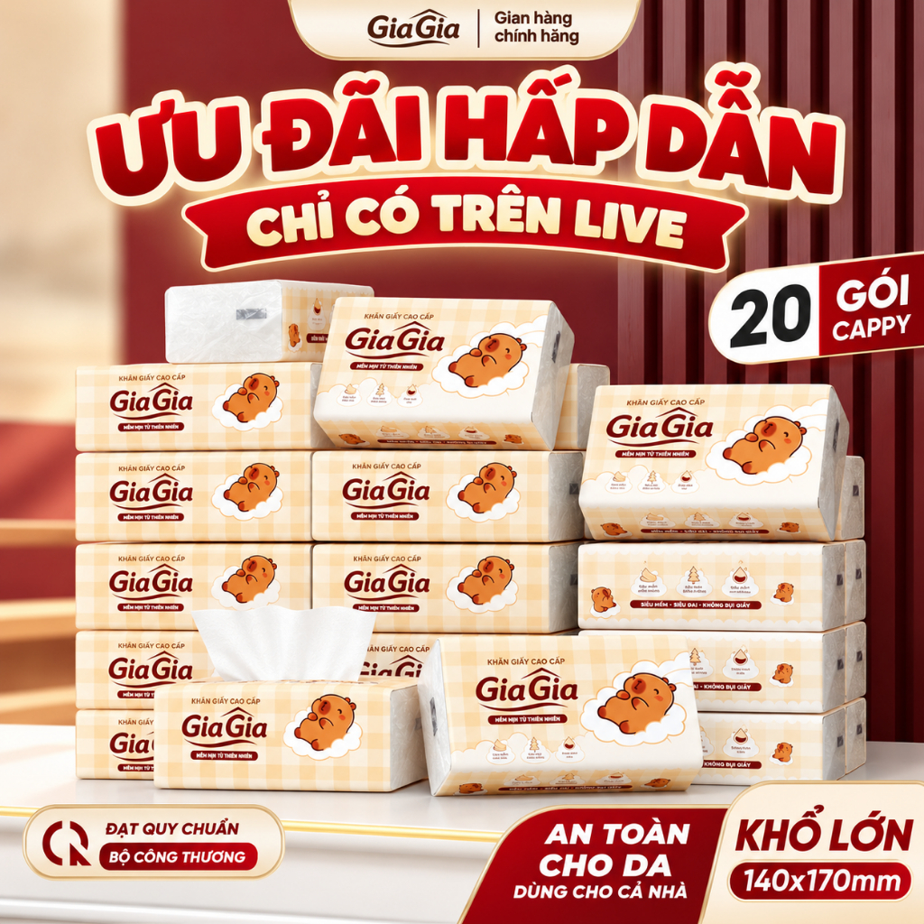 Khăn Giấy Rút Cao Cấp GiaGia Cappy Thùng 20 Bịch 1000 Lượt Rút, Khăn Giấy Để Bàn, Giấy Ăn Mềm Mịn, Dai Thấm Hút Tốt