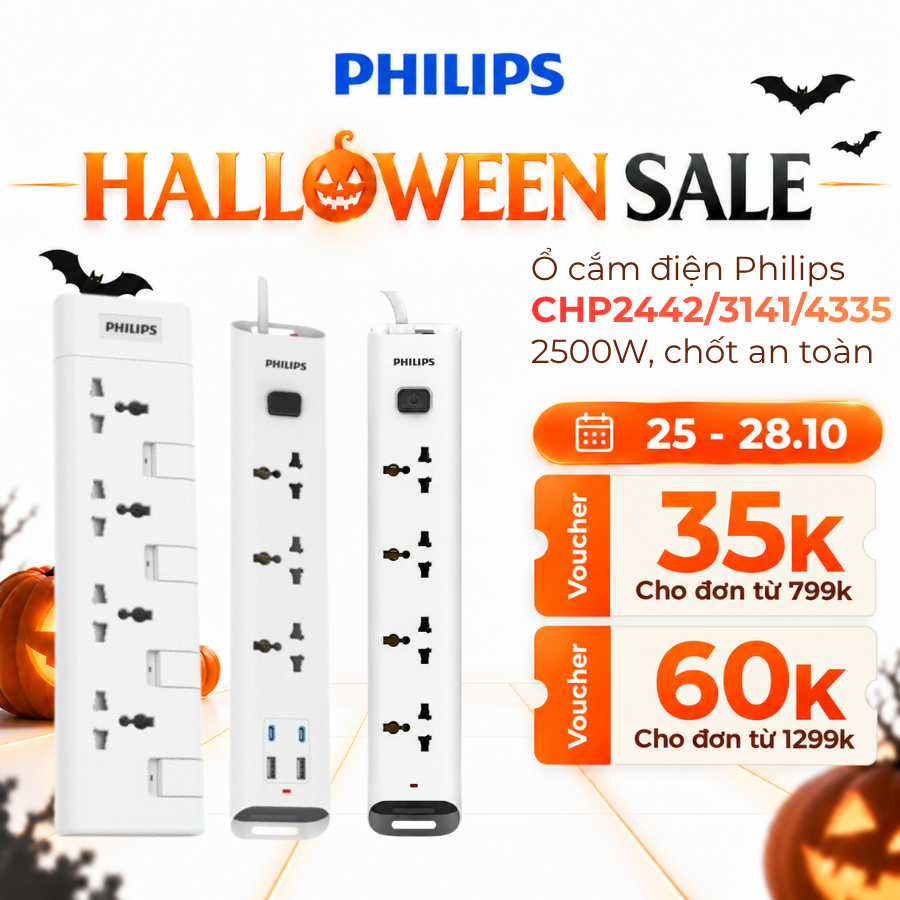 [HỎA TỐC] Ổ cắm điện đa năng Philips công suất 2500W, chốt an toàn, bảo vệ quá tải, cổng sạc typeC, USB, dây dài 2m