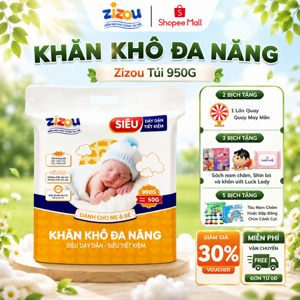 Khăn Vải Khô Đa Năng ZIZOU 950g(~640 tờ) Mặt Chấm Bi Dày Dặn Vải Không Dệt Dùng Cho Mẹ Và Bé