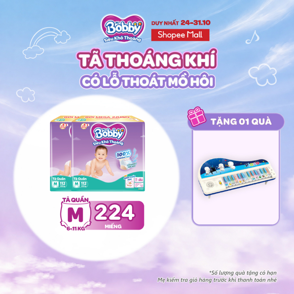 [TẶNG MIẾNG NGẪU NHIÊN] Combo 02 tã quần Bobby Khô Thoáng - 100% Thoáng Khí Mega Jumbo M112/L96/XL84/XXL76
