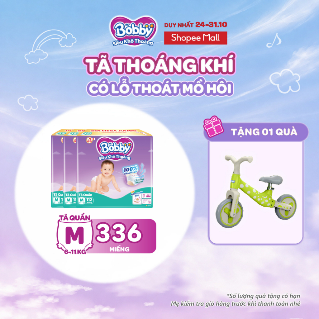 [TẶNG MIẾNG NGẪU NHIÊN] Combo 3 tã quần Bobby Siêu Khô Thoáng - 100% Thoáng Khí Mega Jumbo M112/L96/XL84/XXL76