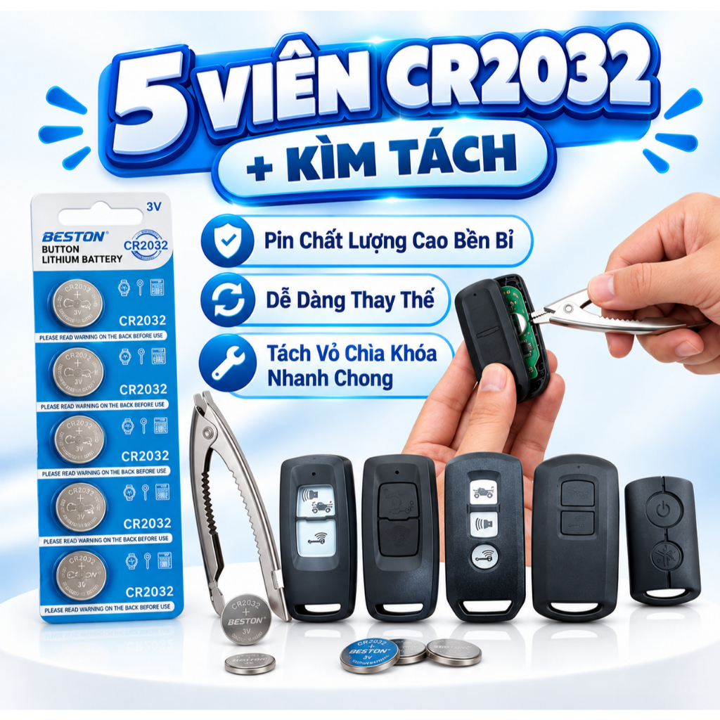 Pin điện tử BESTON CR2032 5 viên kèm kìm tách vỏ chìa khóa xe máy oto