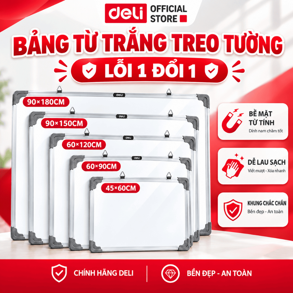 Bảng Từ Trắng Deli Treo Tường Nhiều Kích Thước – Bảng Mica Nam Châm Viết Bút Lông Kèm Khay Đựng