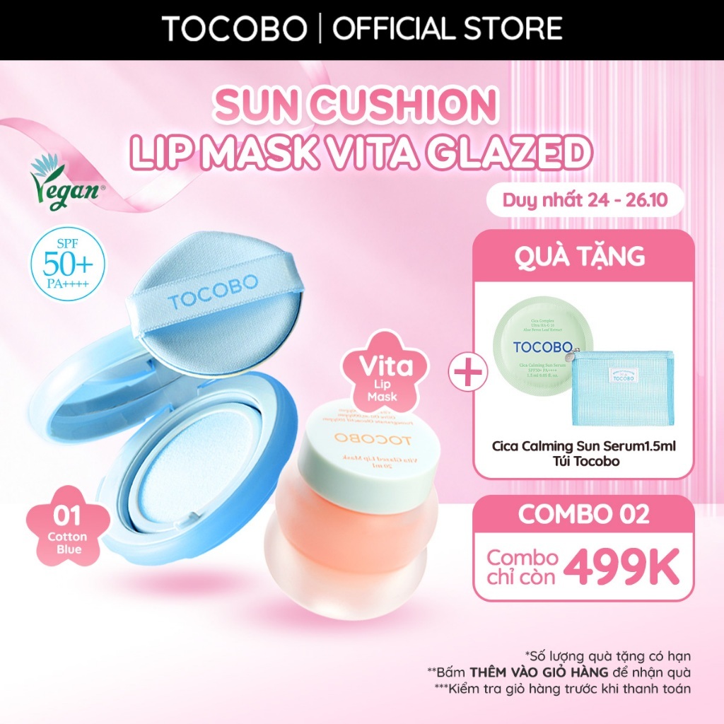 Combo Phấn nước chống nắng hiệu ứng mịn Tocobo Blur Finish Sun Cushion 13g và Mặt nạ dưỡng môi Vita Glazed Lip Mask 20ml
