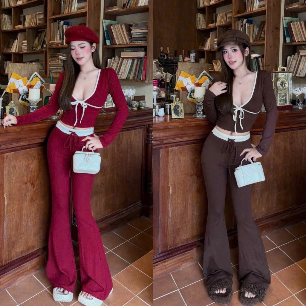 Set bộ dài - Quần dài loe slim fit tăm 2 màu mix áo cổ V rộng viền ...