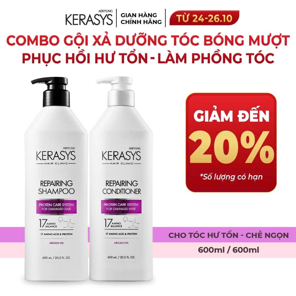 Cặp dầu gội xả phục hồi và tăng cường độ bóng cho tóc khô xơ xỉn màu Kerasys Repairing Hàn Quốc 600ml