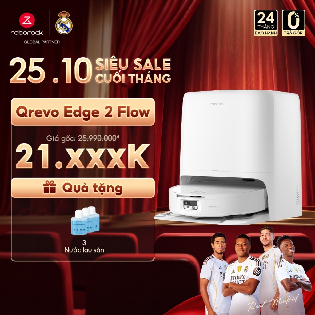Roborock Qrevo Edge 2 Flow robot hút bụi lau nhà | Giặt sấy con lăn tự động | Lực hút 35000 Pa | Bảo hành 2 năm