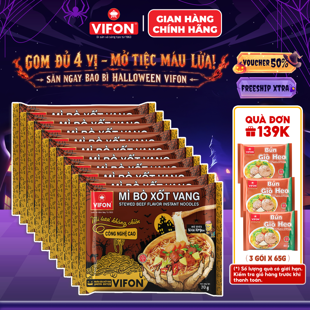[Combo Halloween] Set 10 Gói Mì Tươi Bò Xốt Vang/Thịt Bằm/Tôm Chua Cay VIFON - Sợi Dai Ngon, 70g/Gói