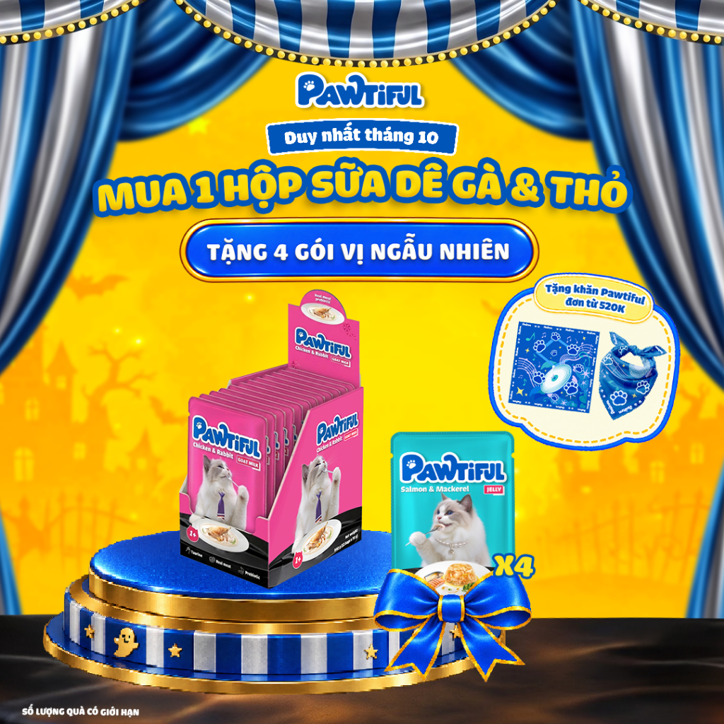 [MUA 12 TẶNG 4] Hộp 12 gói Pate cho mèo Pawtiful Dạng Sữa dê vị Gà & Thỏ 70g x12