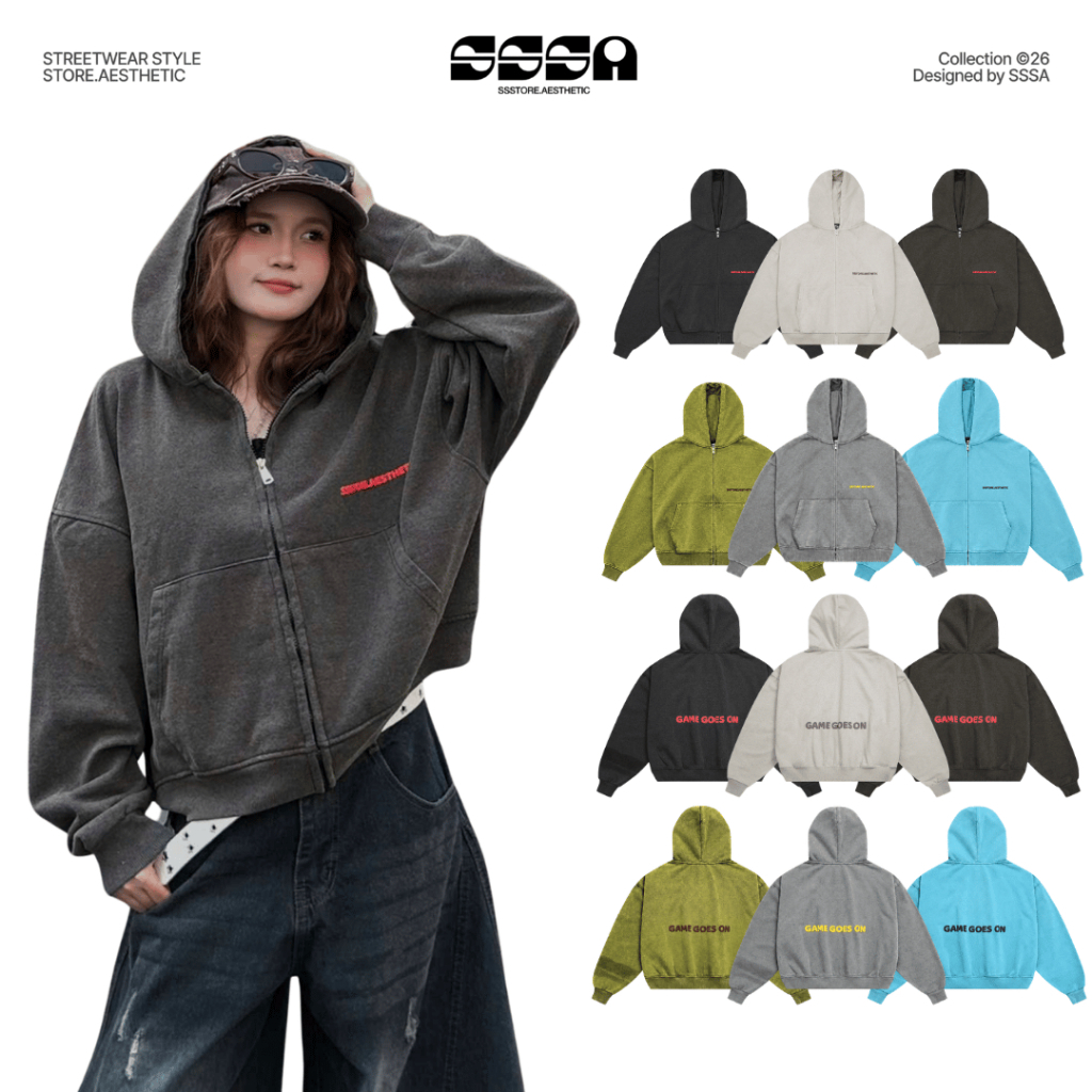 Áo Khoác Zip Wash PREMIUM In Nổi Chất Vải Nỉ Chân Cua Boxy Thu Đông Unisex Form Rộng Nam Nữ SSSTORE.Aesthetic