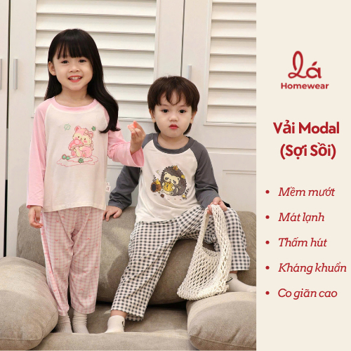 Bộ dài tay raglan sợi Sồi Modal Lá Homewear M13, pizama trẻ em gái trai caro in hình mềm mát