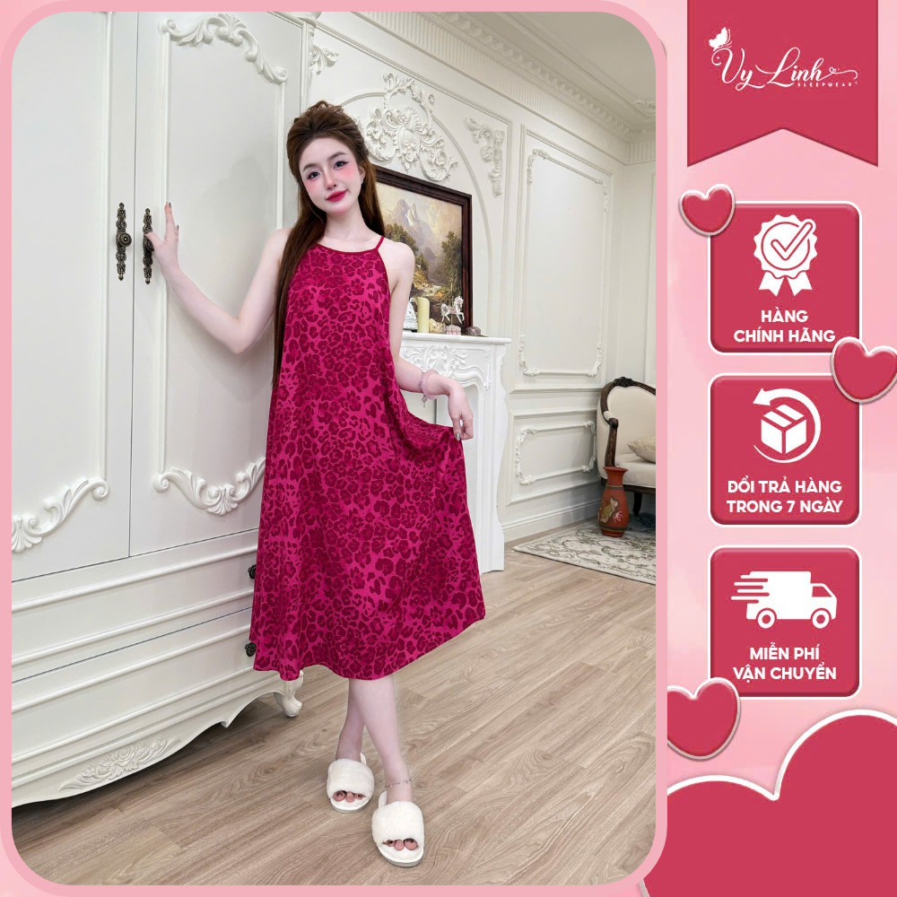 Đầm ngủ hai dây Vy Linh chất liệu LỤA TOLE THÁI họa tiết in 3D xinh xắn thoáng mát, mềm mại S1324
