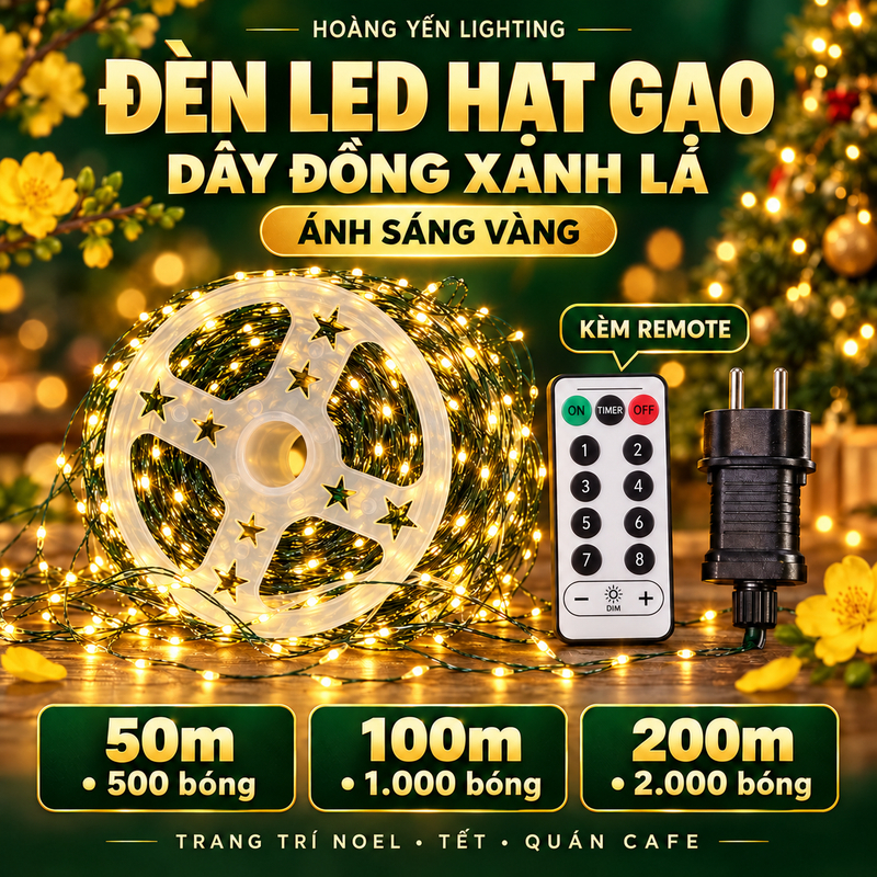 Đèn LED Hạt Gạo Dây Đồng Xanh Lá Ánh Sáng Vàng Kèm Remote 50m 100m 200m Trang Trí Cây Thông Noel Tết