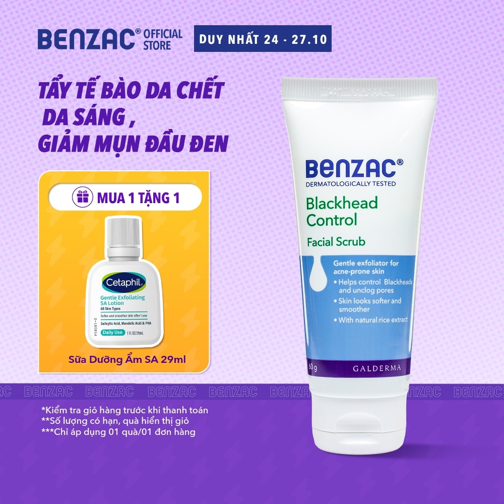 Tẩy tế bào chết giúp làm sạch mụn đầu đen cho da dầu mụn BENZAC Blackhead Control Scrub 60G