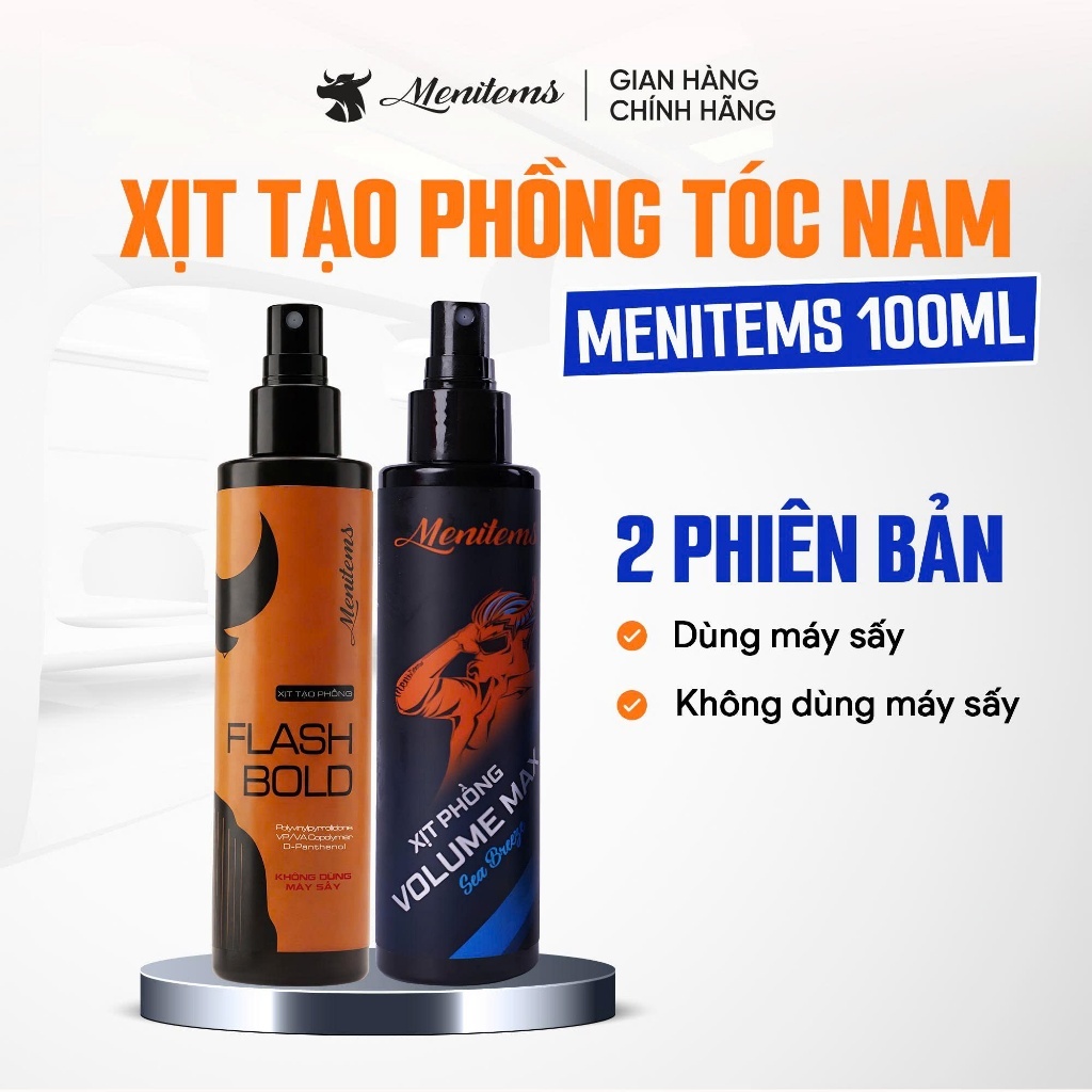 Xịt Tạo Phồng Tóc Nam Menitems Volume Max & Flash Bold Giúp Giữ Nếp Tự Nhiên, Không Bết Nặng Tóc 100ML
