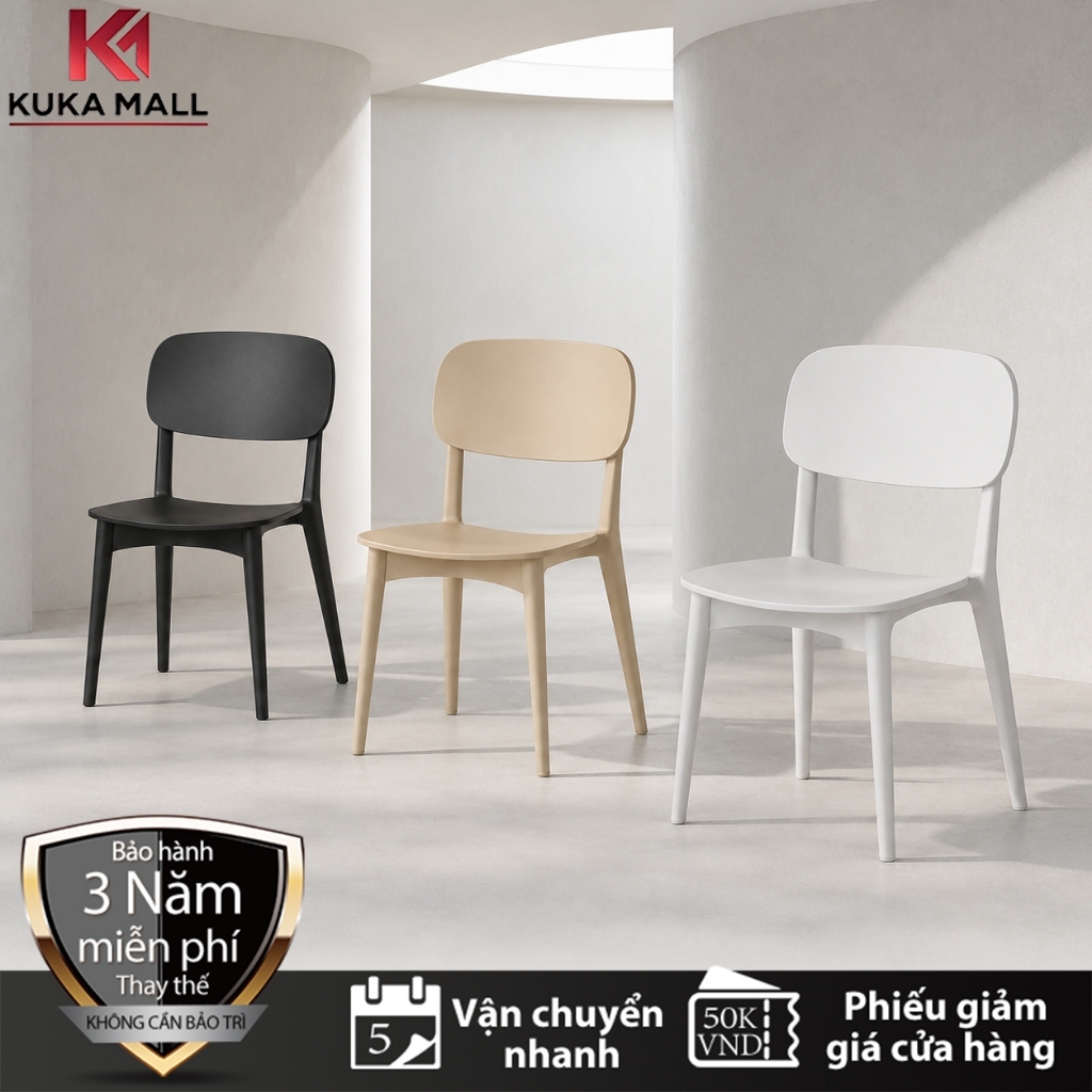 Ghế ăn nhựa xếp chồng, tựa lưng cong, chân dày chắc chắn, dùng gia đình, quán ăn & văn phòng KUKA