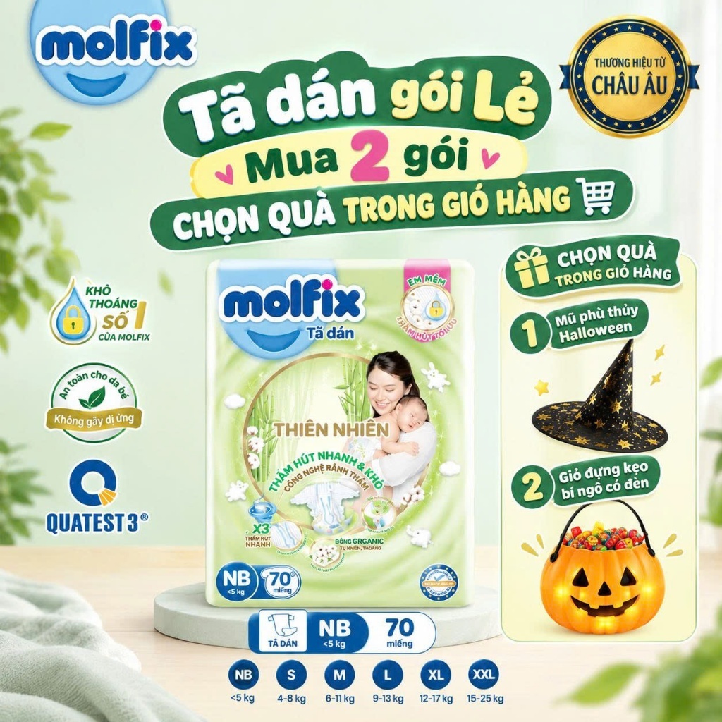 [Mua 2 gói_Chọn QUÀ trong giỏ] Tã dán thiên nhiên Molfix Super Jumbo đủ các size S80/M76/L68/XL64/XXL54 cho Bé