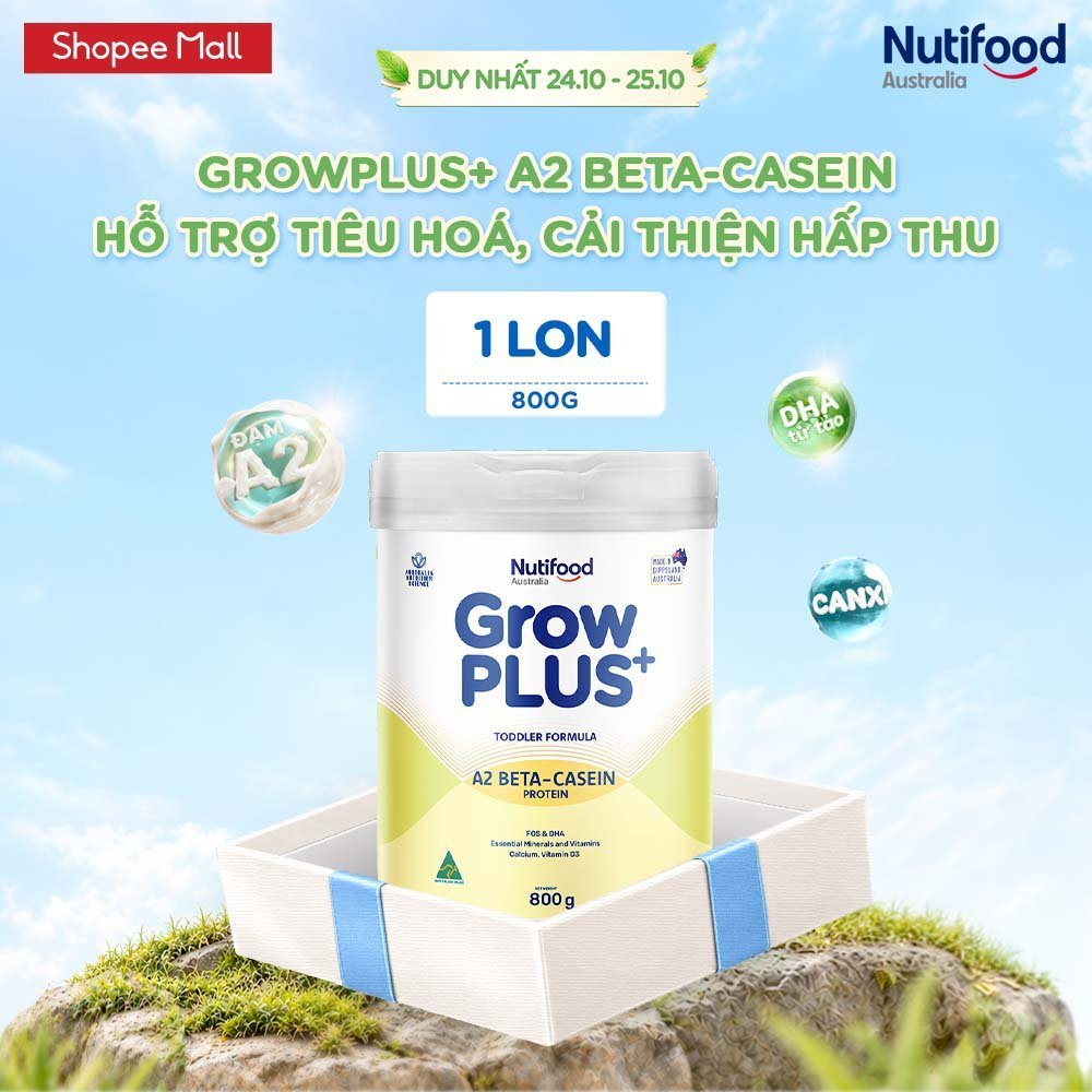 Sữa bột Nutifood Australia GrowPLUS+ Đạm A2 1+ 800g hỗ trợ tiêu hóa, hấp thu dưỡng chất