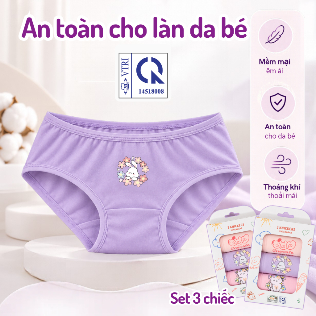 Set 3 Quần Chip Bé Gái ARDILLA Visco Mềm Mịn Thoáng Khí, Quần Lót Bé Gái Co Giãn, Size 8T–16T 24–50kg, Mã TF7501