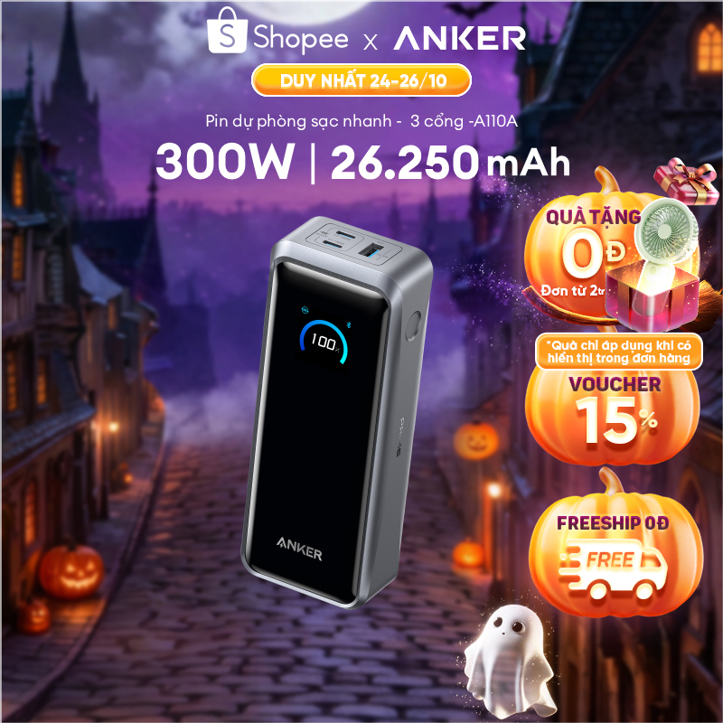 Sạc dự phòng Anker Prime 26.250mAh 300W | 3 cổng 2C1A | Hỗ trợ màn hình & App | Dành cho Laptop, ịPhone - A110A