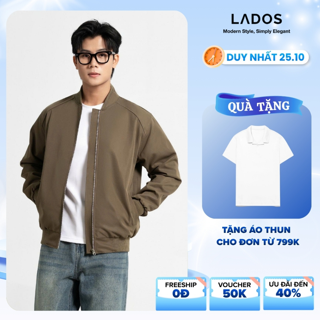 Áo khoác bomber đen kaki LADOS-2054 có túi trong, thấm hút, phong cách Hàn