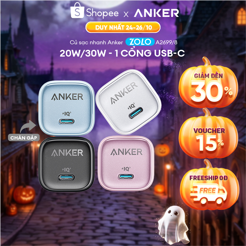Củ sạc nhanh Anker Zolo GaN 20W/30W | 1 cổng USB-C | Sạc nhanh Power IQ 3.0 | Chân gập gấp gọn tiện lợi - A2699/8