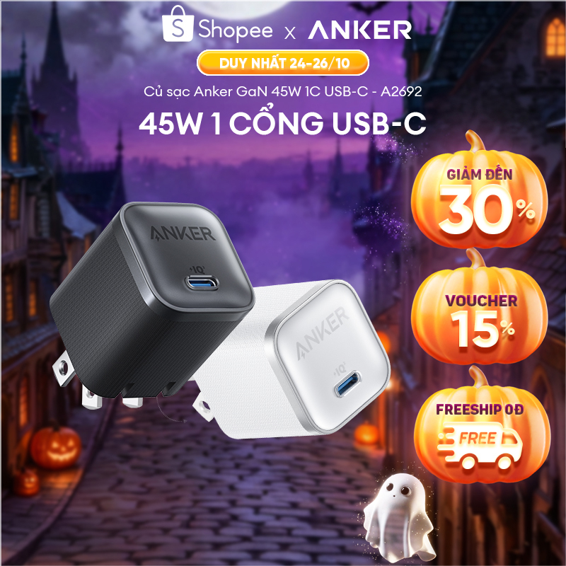 [Samsung/iPhone 15-17/Macbook] Củ sạc nhanh Anker Nano 45W | 1 cổng USB-C | Chân gập nhỏ gọn | Sạc nhanh an toàn - A2692