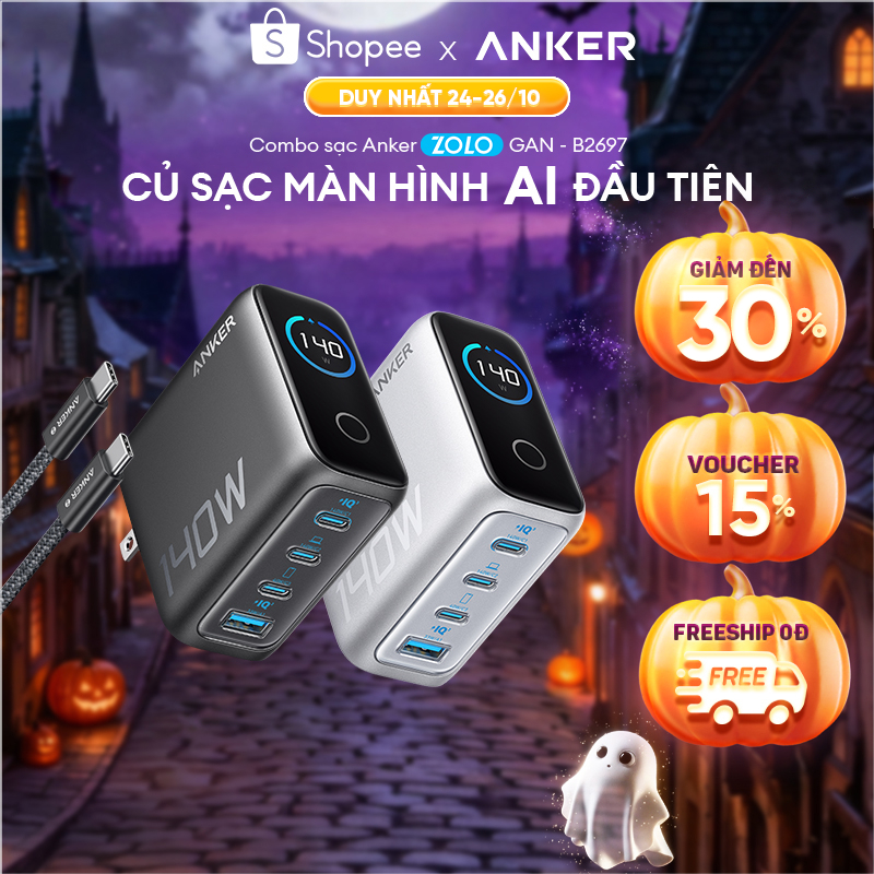 [Phù hợp iP18] Bộ sạc nhanh Anker ZoLo 140W 4 cổng | Sạc nhanh laptop, iPhone | 3 USB-C & 1 USB-A sạc 4 thiết bị - B2697