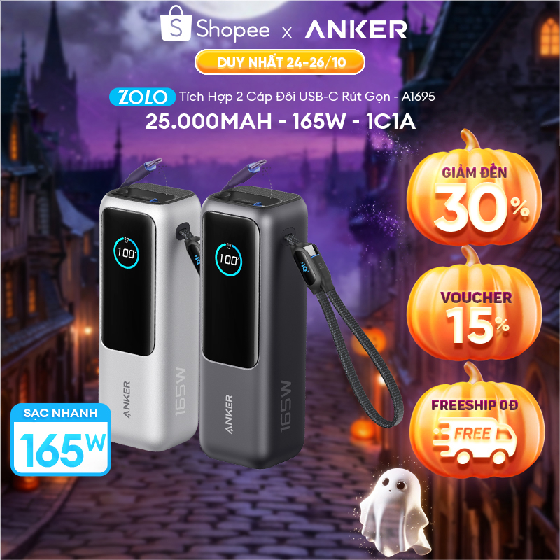 Sạc dự phòng ANKER Zolo 25kmAh | Công suất 165W | Tích hợp 2 cáp USB-C rút gọn | Có màn hình - A1695