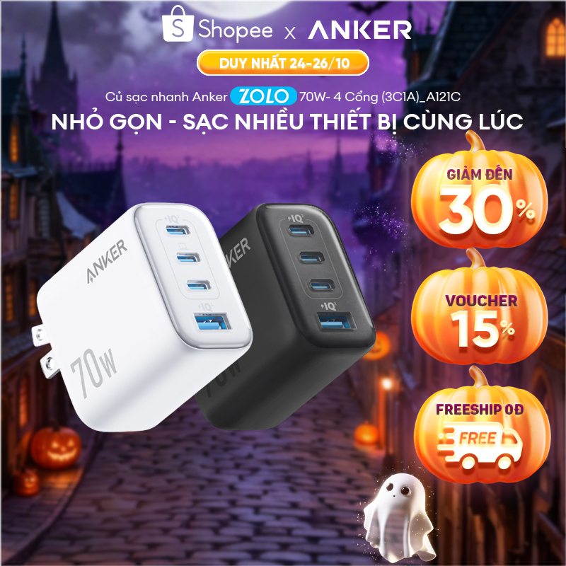 Củ sạc nhanh Anker Zolo 70W | 4 cổng (3 cổng USB-C & 1 cổng USB-A) | Chân gập gọn nhẹ | Sạc nhanh đa thiết bị - A121C