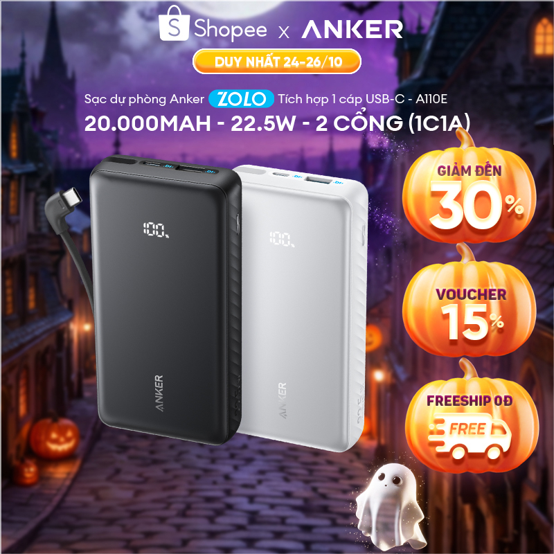 Sạc dự phòng Anker Zolo 10kmAh/20kmAh 22.5W | Tích hợp cáp USB-C | 2 Cổng 1C1A | Sạc 3 thiết bị - A110D/E