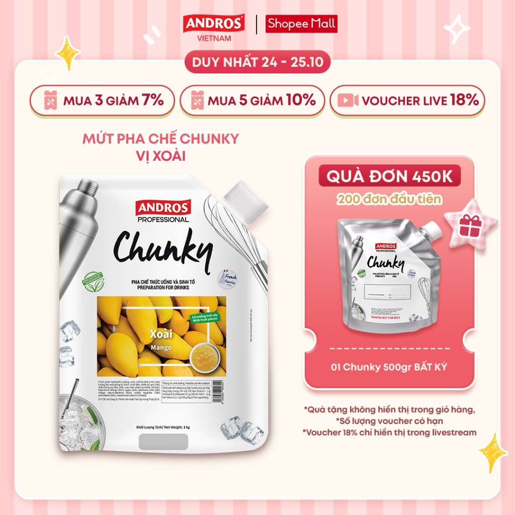 Mứt Trái Cây Pha Chế Xoài - Có miếng trái cây thật - Nguyên liệu pha chế - ANDROS CHUNKY - 1kg