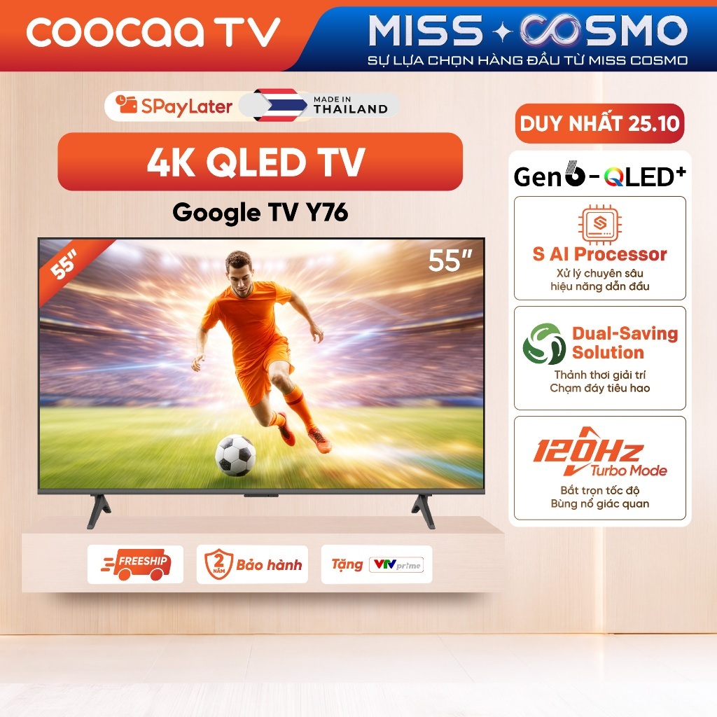 [QLED] Smart Google TV COOCAA 55 inch QLED 55Y76 Điều Khiển Bằng Giọng Nói | HSR 120Hz | HDR10+ -Miễn phí lắp đặt HN&HCM