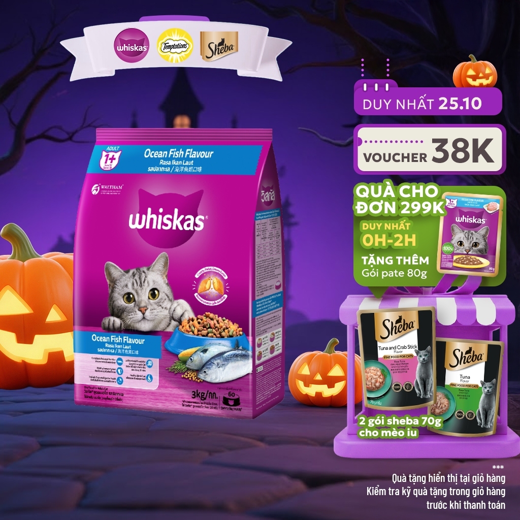 WHISKAS Thức Ăn Cho Mèo Trưởng Thành Dạng Hạt vị Cá Biển - 3kg