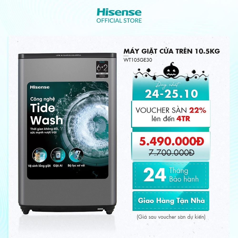 Máy Giặt Cửa Trên Hisense 10.5kg WT105GE30 - Giặt AI | Tiết Kiệm |Mềm Vải - BH 2 Năm - Giao Hàng Tận Nơi
