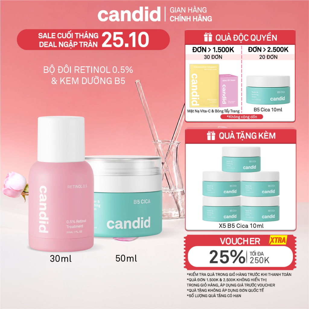 Bộ Đôi Hỗ Trợ Cải Thiện Và Phục Hồi Làn Da Candid Retinol 0.5% 30ml & Kem Dưỡng B5 Cica 50ml
