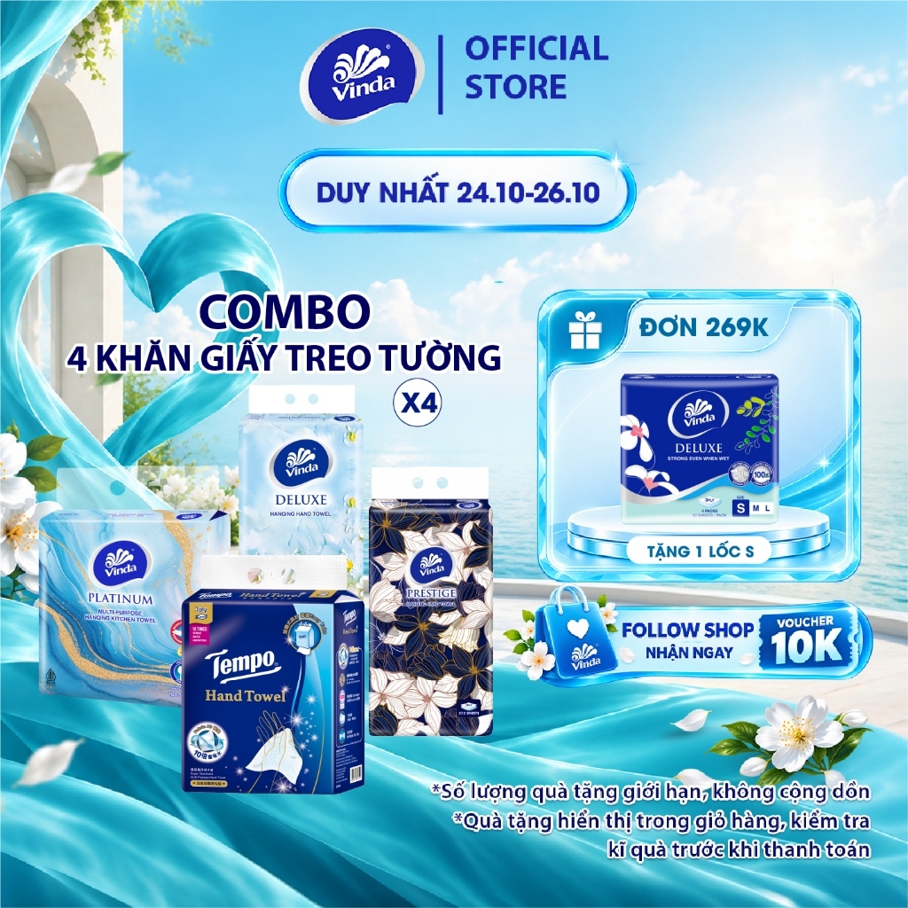 [COMBO 4 GÓI KHĂN TREO TƯỜNG] Khăn giấy treo tường cao cấp Vinda Prestige 4D 3 lớp 212 tờ