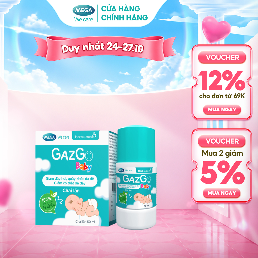 Chai lăn giúp giảm đầy hơi, quấy khóc dạ đề cho trẻ sơ sinh Mega We Care Gazgo Baby (50ml)