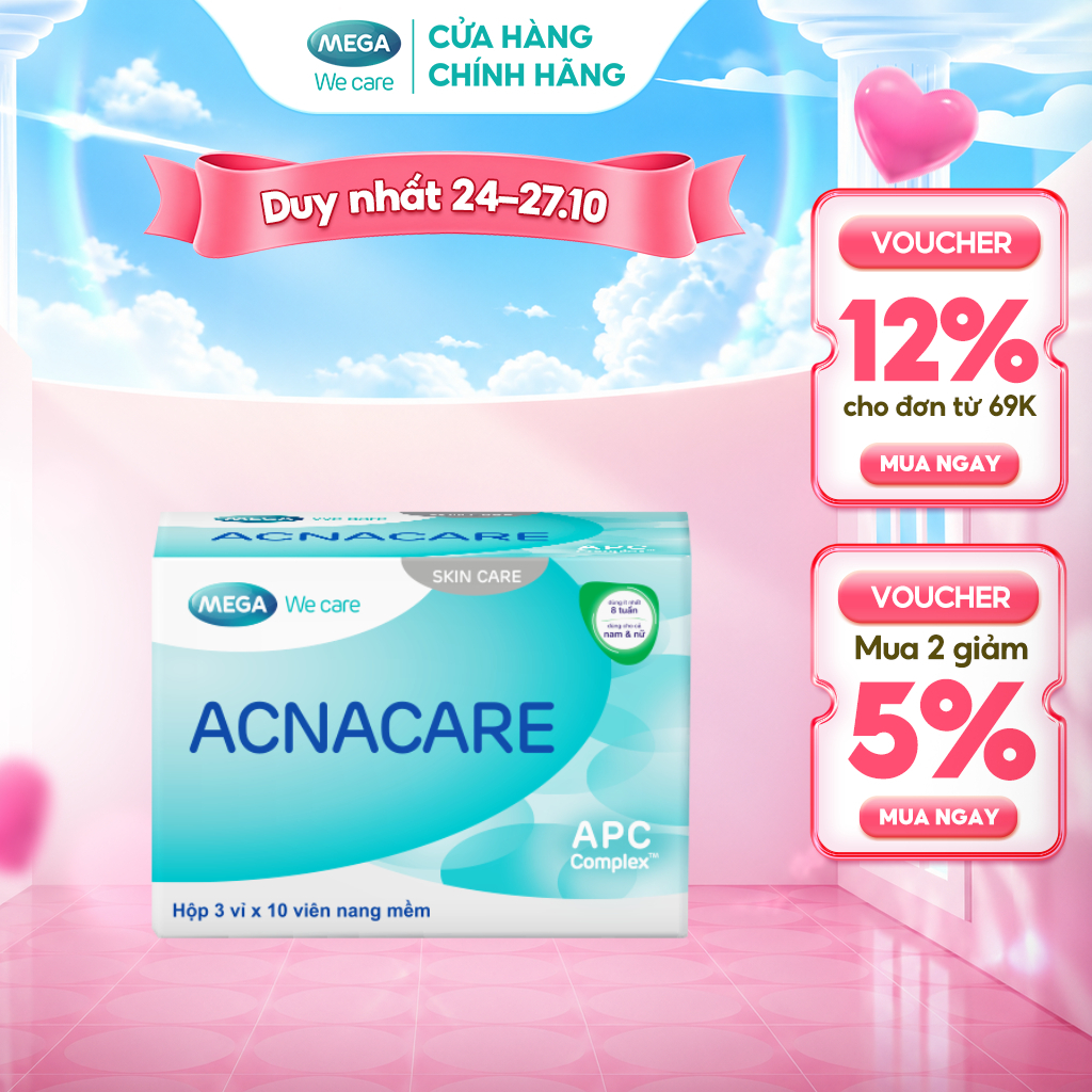 TPBVSK Viên uống giảm mụn, giảm nhờn - Kẽm, Crôm, D.Salina, Vitamin C, Vitamin E - ACNACARE Mega We Care (30 viên)