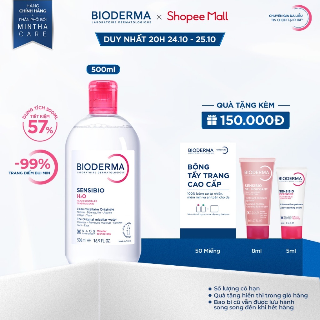 Dung dịch làm sạch và tẩy trang công nghệ Micellar cho da thường & nhạy cảm Bioderma Sensibio H2O - 500ml