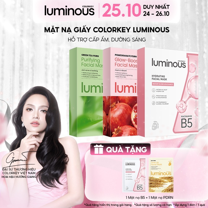 Mặt Nạ Colorkey Luminous | Vitamin B5/ Vitamin B3/ Trà xanh/ PDRN| Hỗ trợ dưỡng ẩm, sáng da, giảm dầu mụn| 10 miếng/Hộp