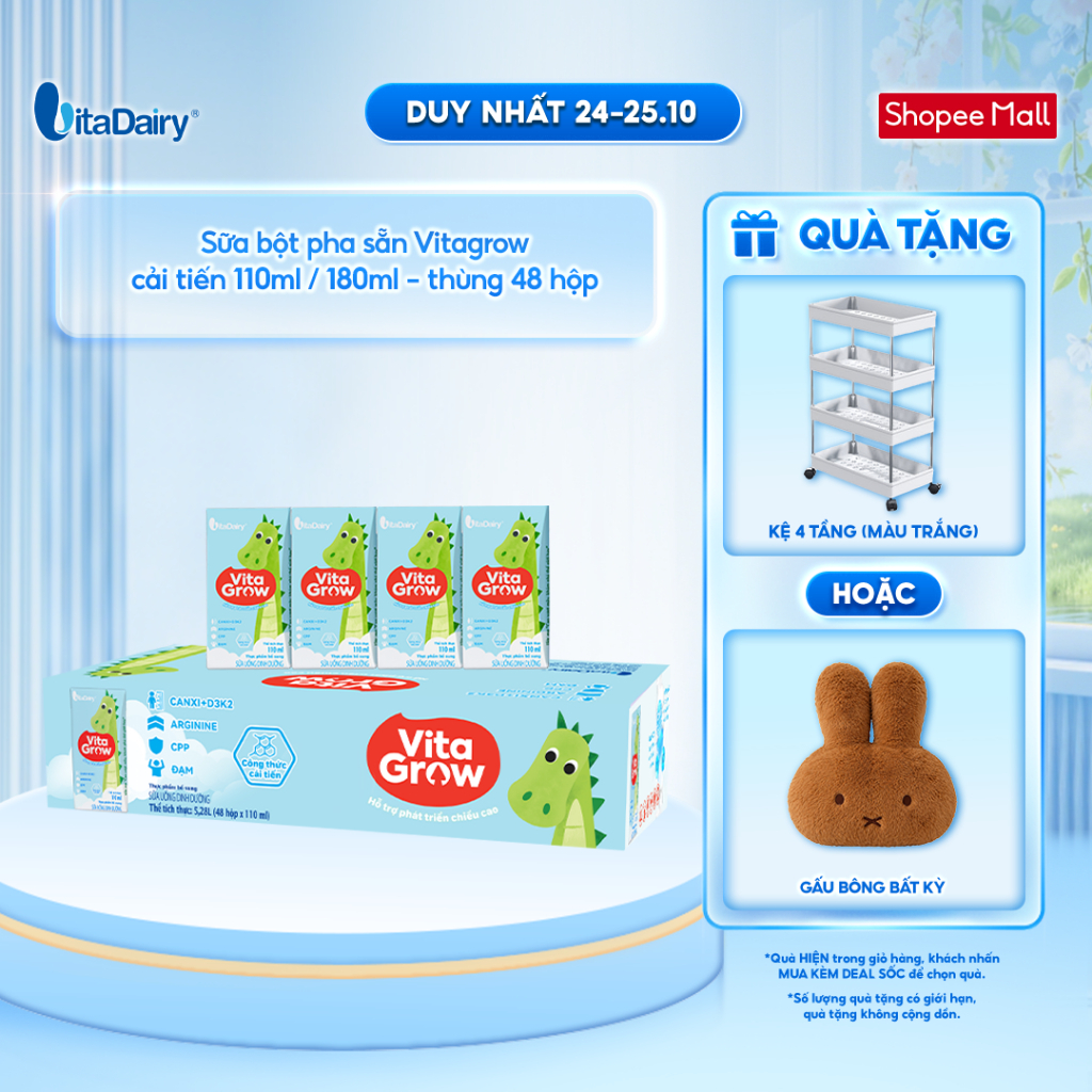 [THÙNG 48 HỘP] Sữa uống dinh dưỡng Vitagrow cải tiến 110ml/180ml - Bổ sung năng lượng, Thơm ngon dễ uống