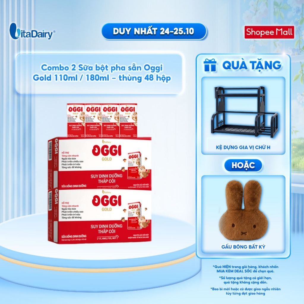 [COMBO 2 THÙNG 48 HỘP] Sữa uống dinh dưỡng Oggi Gold giúp bé suy dinh dưỡng, thấp còi - Hộp 110ml/180ml