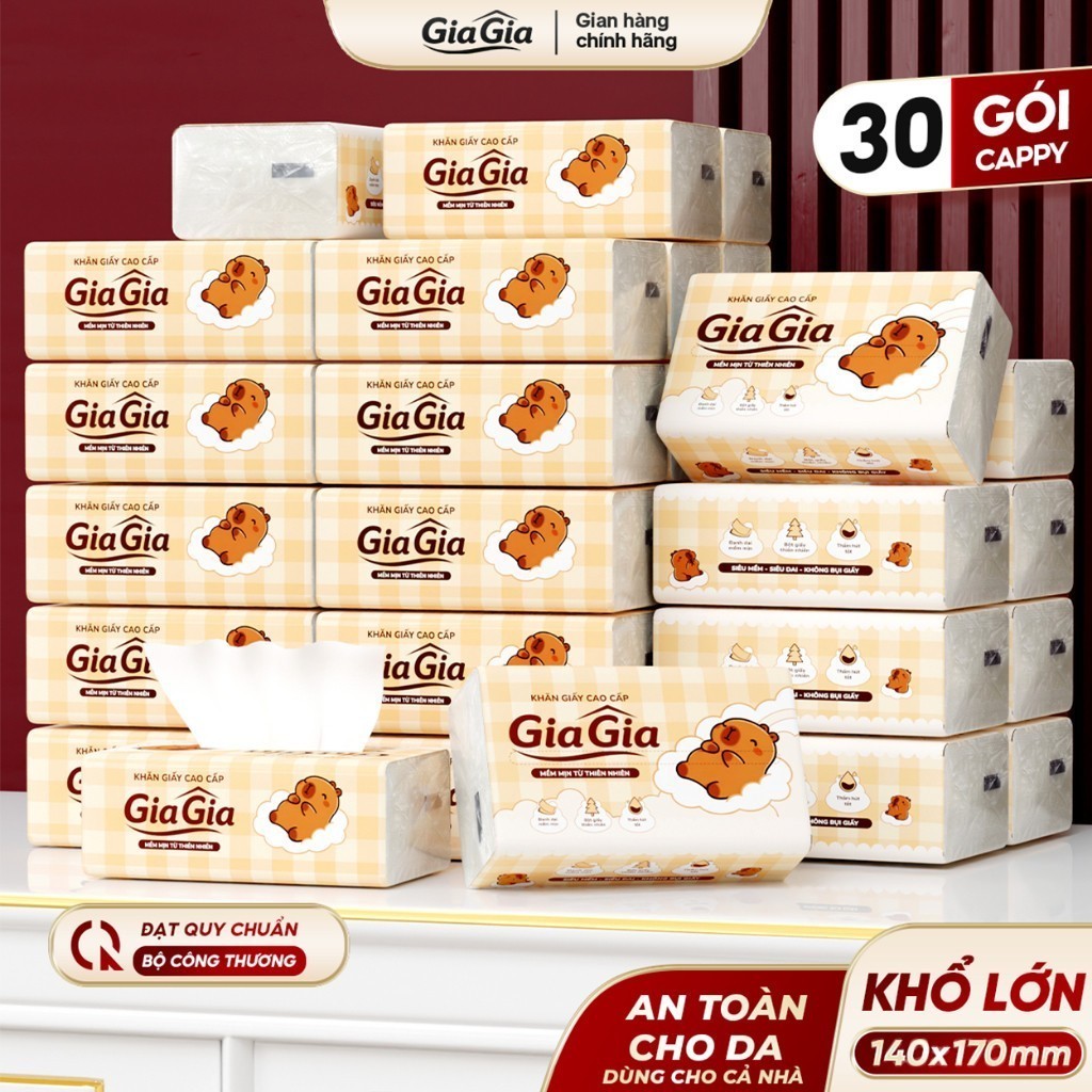 Thùng 30 gói Giấy Ăn Rút Gia Gia Cappy 1500 Lượt Rút, Giấy Ăn Rút Để Bàn Khăn Giấy Mềm Dai Thấm Hút 20/30 Gói