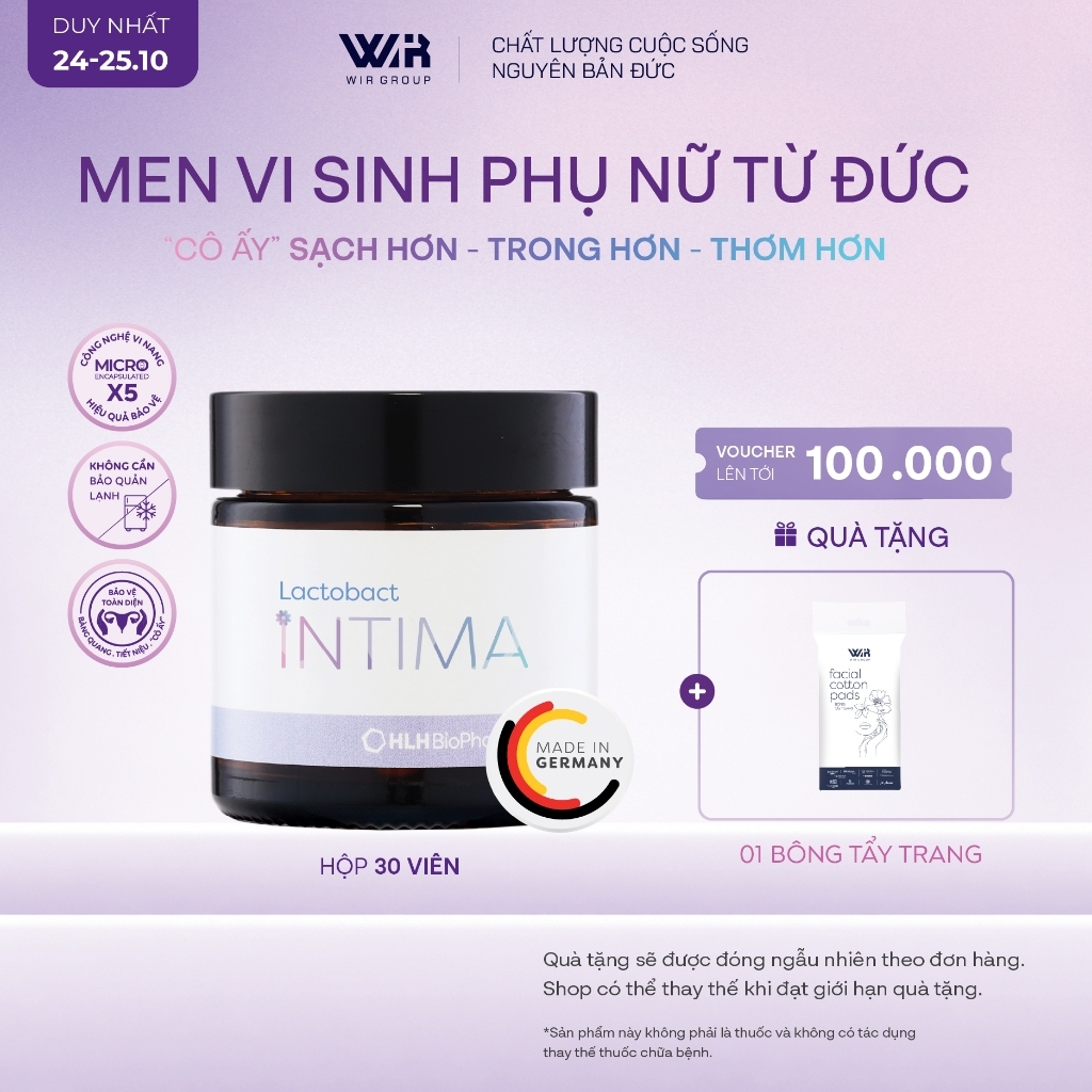 Men vi sinh phụ khoa Lactobact Intima bổ sung lợi khuẩn, Cranberry, D-Mannose từ Đức hộp 30 viên | Wir Group
