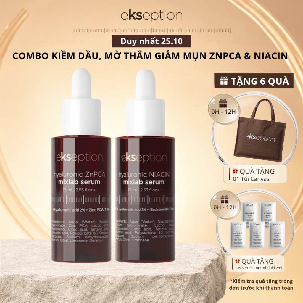 Combo Kiềm Dầu Mờ Thâm Giảm Mụn Ekseption Serum Kẽm Hyaluronic ZnPCA Mixlab HA+ 1% 75ml Và Hyaluronic Niacin Mixlab 75ml