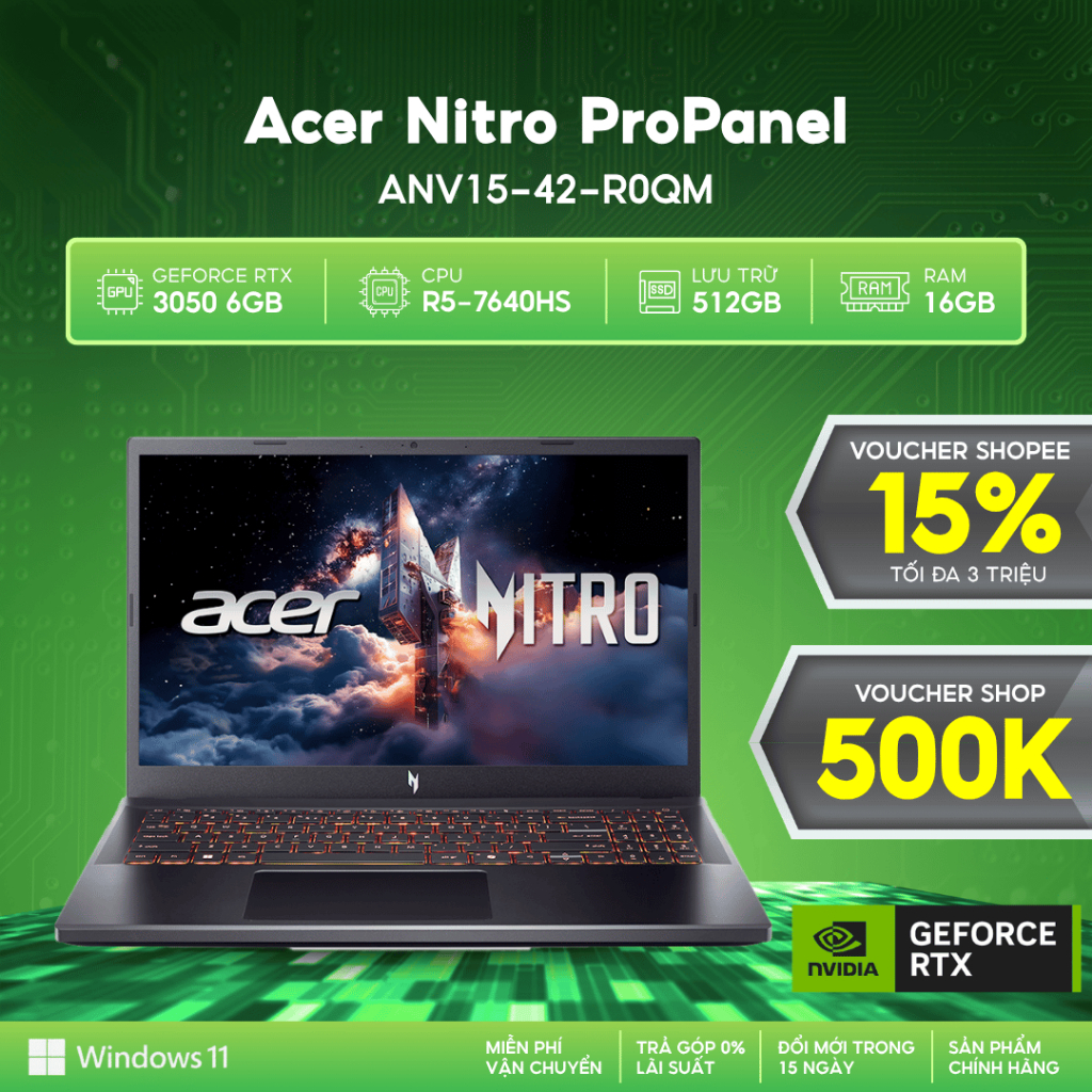 Laptop Gaming Acer Nitro ProPanel ANV15-42-R0QM (R5-7640HS | GeForce RTX™ 3050 6GB | 16GB | 512GB | 15.6' FHD 180Hz | Wi